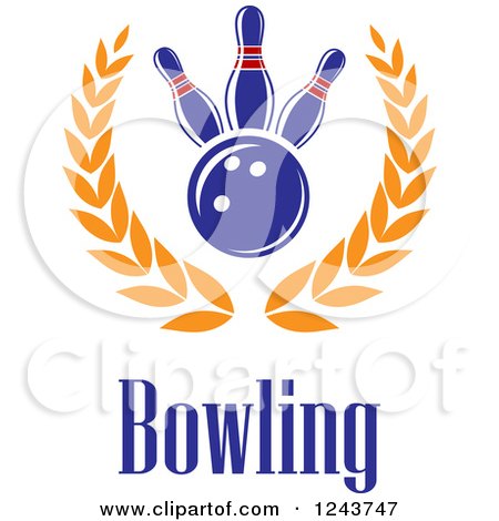 Clipart of Blue Bowling Text Under a Ball, Pins and Wreath - Royalty Free Vector Illustration by Vector Tradition SM