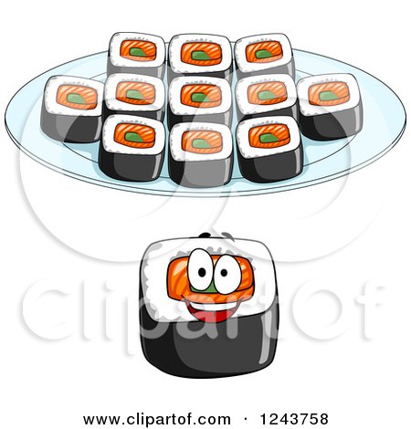 Clipart of a Happy Sushi Roll in Front of a Plate - Royalty Free Vector Illustration by Vector Tradition SM