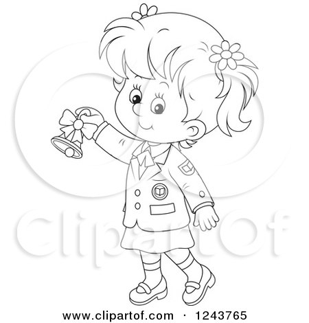 Clipart of a Black and White School Girl Ringing a Bell - Royalty Free Vector Illustration by Alex Bannykh