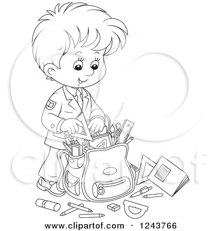 Clipart of a Black and White School Boy Packing Supplies in a Bag - Royalty Free Vector Illustration by Alex Bannykh