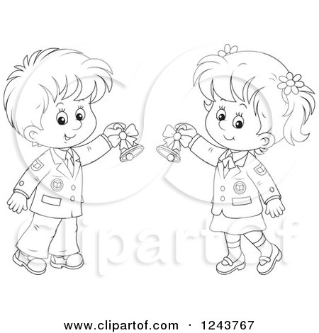 Clipart of a Black and White School Boy and Girl Ringing Bells - Royalty Free Vector Illustration by Alex Bannykh