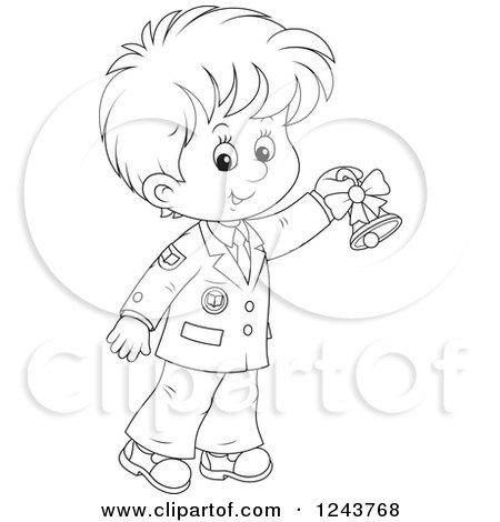 Clipart of a Black and White School Boy Ringing a Bell - Royalty Free Vector Illustration by Alex Bannykh