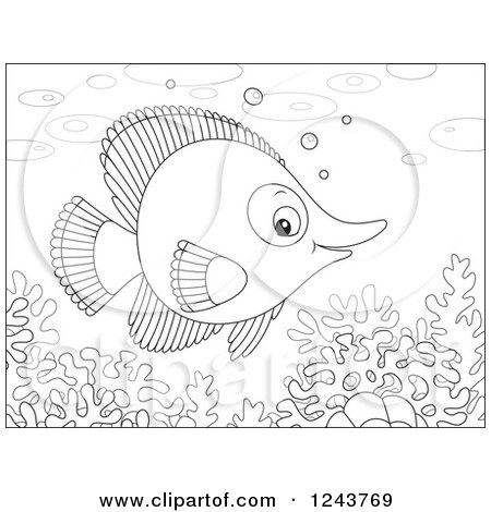 Clipart of a Black and White Marine Fish over Corals - Royalty Free Vector Illustration by Alex Bannykh
