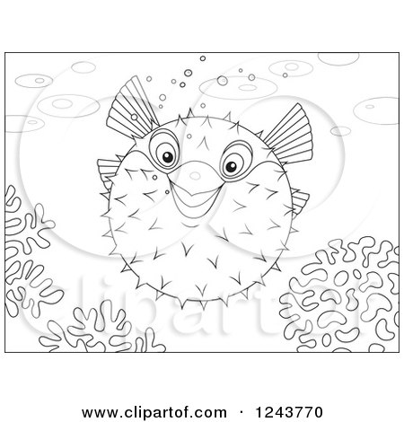 Clipart of a Black and White Puffer Fish over Corals - Royalty Free Vector Illustration by Alex Bannykh