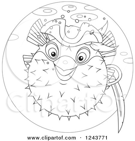 Clipart of a Black and White Pirate Puffer Fish in a Blue Circle - Royalty Free Vector Illustration by Alex Bannykh