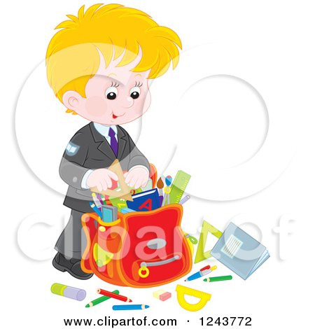 Clipart of a Blond Caucasian School Boy Packing Supplies in a Bag - Royalty Free Vector Illustration by Alex Bannykh