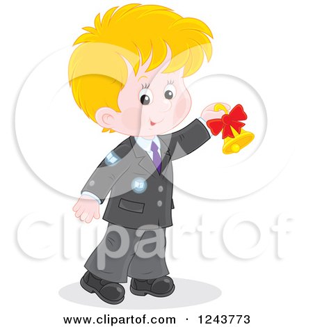 Clipart of a Blond Caucasian School Boy Ringing a Bell - Royalty Free Vector Illustration by Alex Bannykh