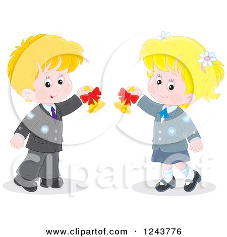 Clipart of a Blond Caucasian School Boy and Girl Ringing Bells - Royalty Free Vector Illustration by Alex Bannykh