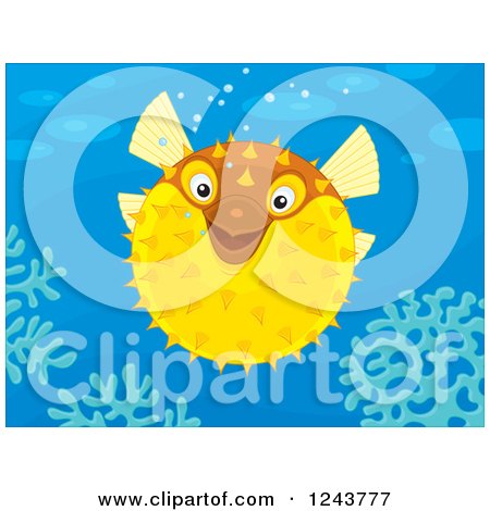 Clipart of a Yellow Puffer Fish over Corals - Royalty Free Vector Illustration by Alex Bannykh