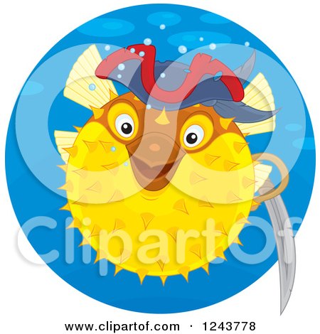 Clipart of a Yellow Pirate Puffer Fish in a Blue Circle - Royalty Free Vector Illustration by Alex Bannykh