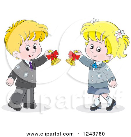 Clipart of a Blond School Boy and Girl Ringing Bells - Royalty Free Vector Illustration by Alex Bannykh
