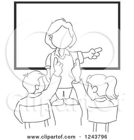 Clipart of a Black and White Sketched Female Teacher and Students in Class - Royalty Free Vector Illustration by David Rey