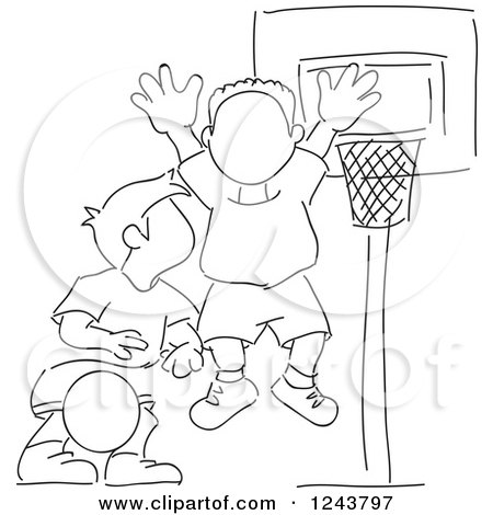 Clipart of Black and White Sketched Boys Playing Basketball - Royalty Free Vector Illustration by David Rey