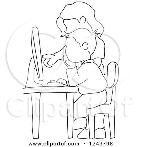 Clipart of a Black and White Sketched Female Teacher and School Boy in a Computer Lab - Royalty Free Vector Illustration by David Rey