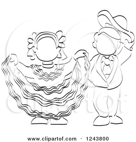 Clipart of a Black and White Sketched Boy and Girl Folk Dancing - Royalty Free Vector Illustration by David Rey