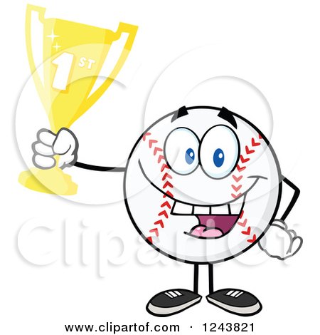 Clipart of a Cartoon Baseball Character Holding up a Trophy - Royalty Free Vector Illustration by Hit Toon
