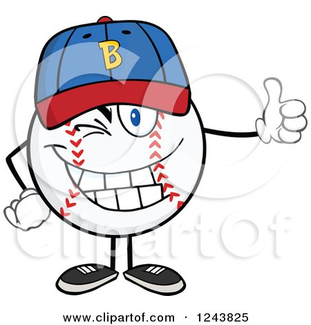 Clipart of a Cartoon Baseball Character Wearing a Hat, Giving a Thumb up and Winking - Royalty Free Vector Illustration by Hit Toon