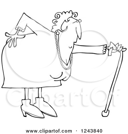Clipart of a Black and White Granny with a Bad Back and Cane - Royalty Free Vector Illustration by djart