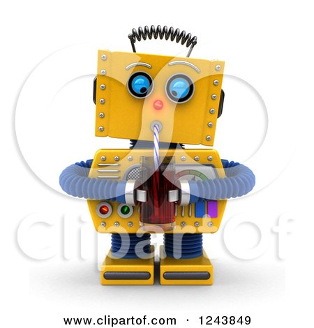 Clipart of a 3d Thirsty Yellow Retro Robot Drinking with a Straw - Royalty Free Illustration by stockillustrations