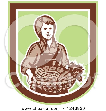 Clipart of a Retro Woodcut Female Farmer Holding a Basket of Produce in a Shield - Royalty Free Vector Illustration by patrimonio