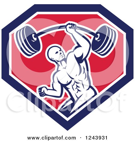 Clipart of a Retro Strong Bodybuilder Man Lifting a Barbell with One Hand in a Shield - Royalty Free Vector Illustration by patrimonio