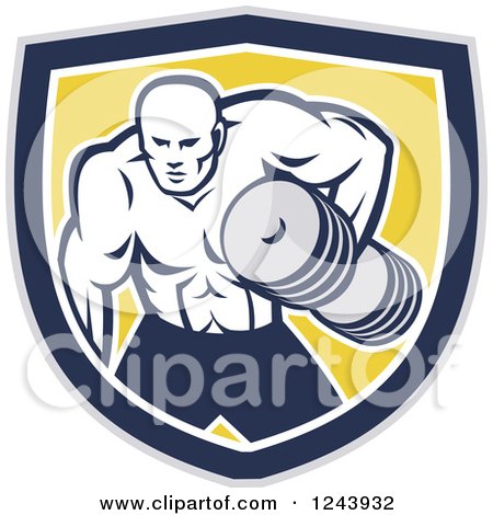 Clipart of a Retro Buff Bodybuilder Lifting Heavy Weights over a Shield - Royalty Free Vector Illustration by patrimonio