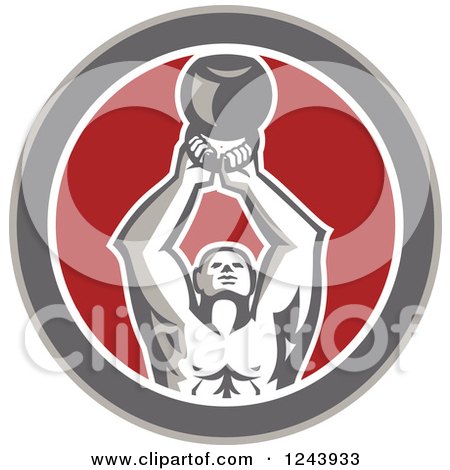 Clipart of a Retro Crossfit Bodybuilder Lifting a Kettlebell in a Circle - Royalty Free Vector Illustration by patrimonio