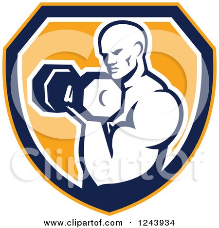 Clipart of a Retro Male Bodybuilder Doing Bicep Curls with a Dumbbell over a Shield - Royalty Free Vector Illustration by patrimonio