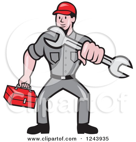 Clipart of a Cartoon Auto Mechanic Holding a Tool Box and Wrench - Royalty Free Vector Illustration by patrimonio