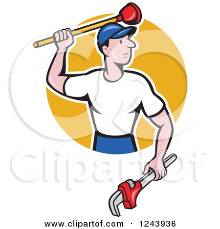 Clipart of a Cartoon Male Plumber with a Plunger and Monkey Wrench over a Circle - Royalty Free Vector Illustration by patrimonio
