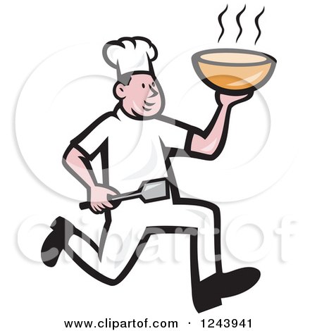 Clipart of a Cartoon Male Chef Running with Hot Soup - Royalty Free Vector Illustration by patrimonio