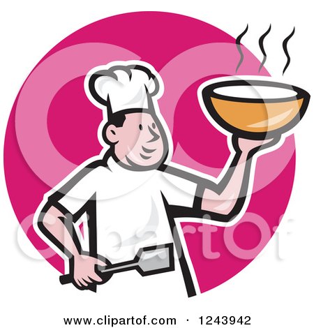 Clipart of a Cartoon Male Chef Holding Hot Soup over a Pink Circle - Royalty Free Vector Illustration by patrimonio