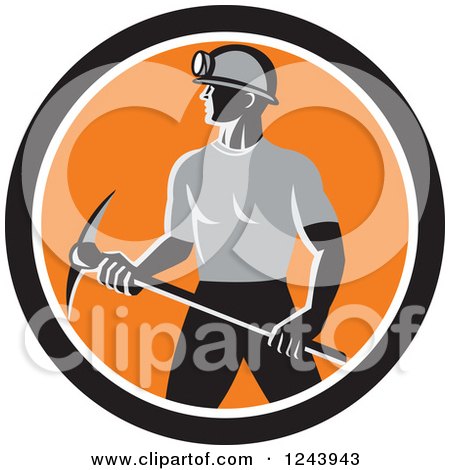 Clipart of a Retro Male Coal Miner Worker with a Pickaxe in a Circle - Royalty Free Vector Illustration by patrimonio