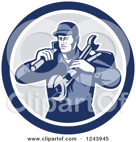 Clipart of a Retro Male Handyman or Mechanic with Tools in a Circle - Royalty Free Vector Illustration by patrimonio