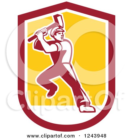 Clipart of a Retro Male Union Worker Swinging a Sledgehammer in a Shield - Royalty Free Vector Illustration by patrimonio