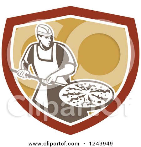 Clipart of a Retro Male Pizzeria Chef with a Pie on a Pan in a Shield - Royalty Free Vector Illustration by patrimonio