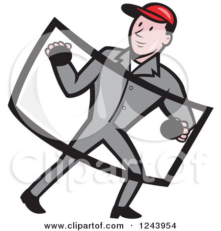 Clipart of a Cartoon Male Automotive Glass Installer Carrying a Windshield - Royalty Free Vector Illustration by patrimonio