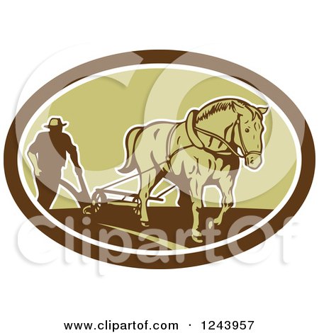 Clipart of a Retro Farmer and Horse Plowing a Field in an Oval - Royalty Free Vector Illustration by patrimonio