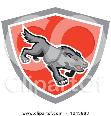 Clipart of a Red Eyed Stalking Wolf or Dog in a Shield - Royalty Free Vector Illustration by patrimonio