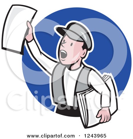 Clipart of a Cartoon News Boy Shouting with Papers in Hand over a Blue Circle - Royalty Free Vector Illustration by patrimonio