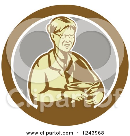 Clipart of a Retro Baking Granny Holding a Mixing Bowl in a Circle - Royalty Free Vector Illustration by patrimonio