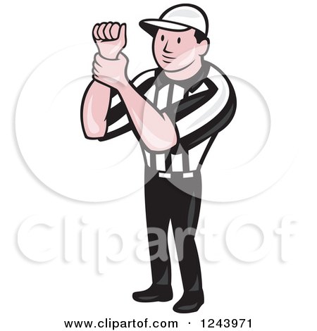 Clipart of a Cartoon Male American Football Referee Signalling Illegal Use of Hands - Royalty Free Vector Illustration by patrimonio