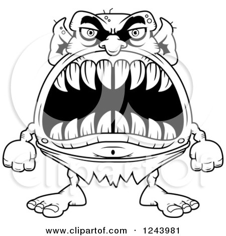 Clipart of a Black and White Goblin Monster with Big Teeth - Royalty Free Vector Illustration by Cory Thoman
