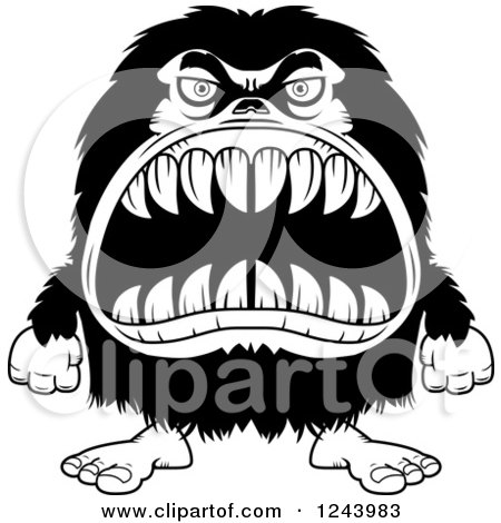 Clipart of a Black and White Hairy Beast Monster with Sharp Teeth - Royalty Free Vector Illustration by Cory Thoman