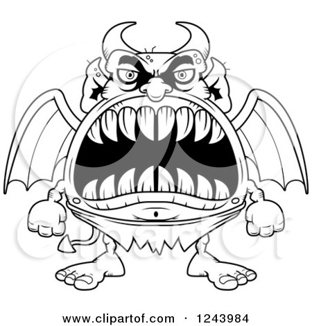 Clipart of a Black and White Winged Devil Monster with Big Teeth - Royalty Free Vector Illustration by Cory Thoman