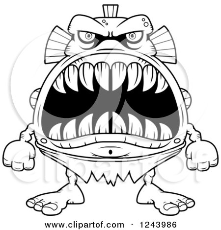 Clipart of a Black and White Fish Monster with Big Teeth - Royalty Free Vector Illustration by Cory Thoman