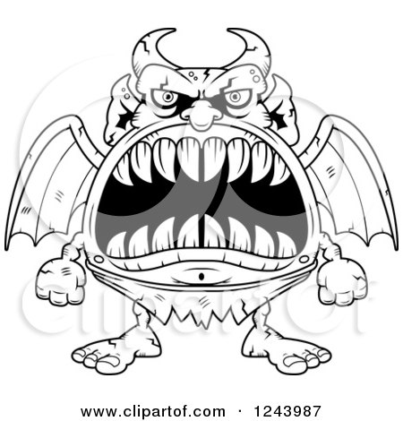 Clipart of a Black and White Gargoyle Monster with Big Teeth - Royalty Free Vector Illustration by Cory Thoman