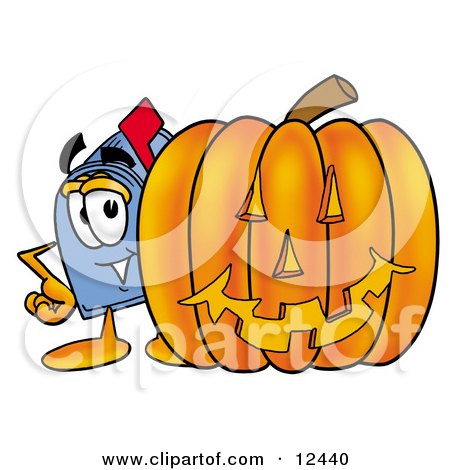 Clipart Picture of a Blue Postal Mailbox Cartoon Character With a Carved Halloween Pumpkin by Mascot Junction