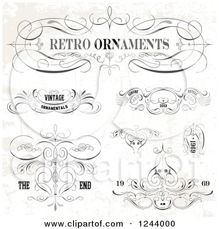 Clipart of Retro Ornaments Designs with Sample Text on a Distressed Background - Royalty Free Vector Illustration by BestVector