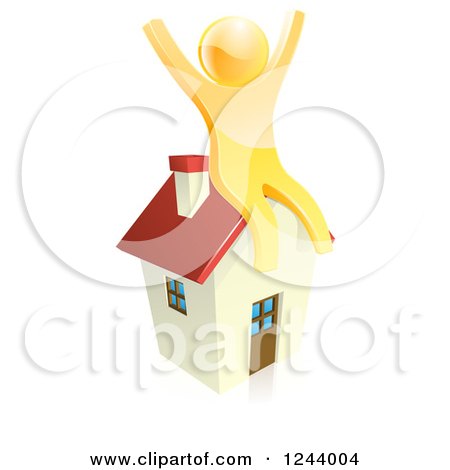 Clipart of a 3d Happy Gold Person Cheering on Top of a House - Royalty Free Vector Illustration by AtStockIllustration